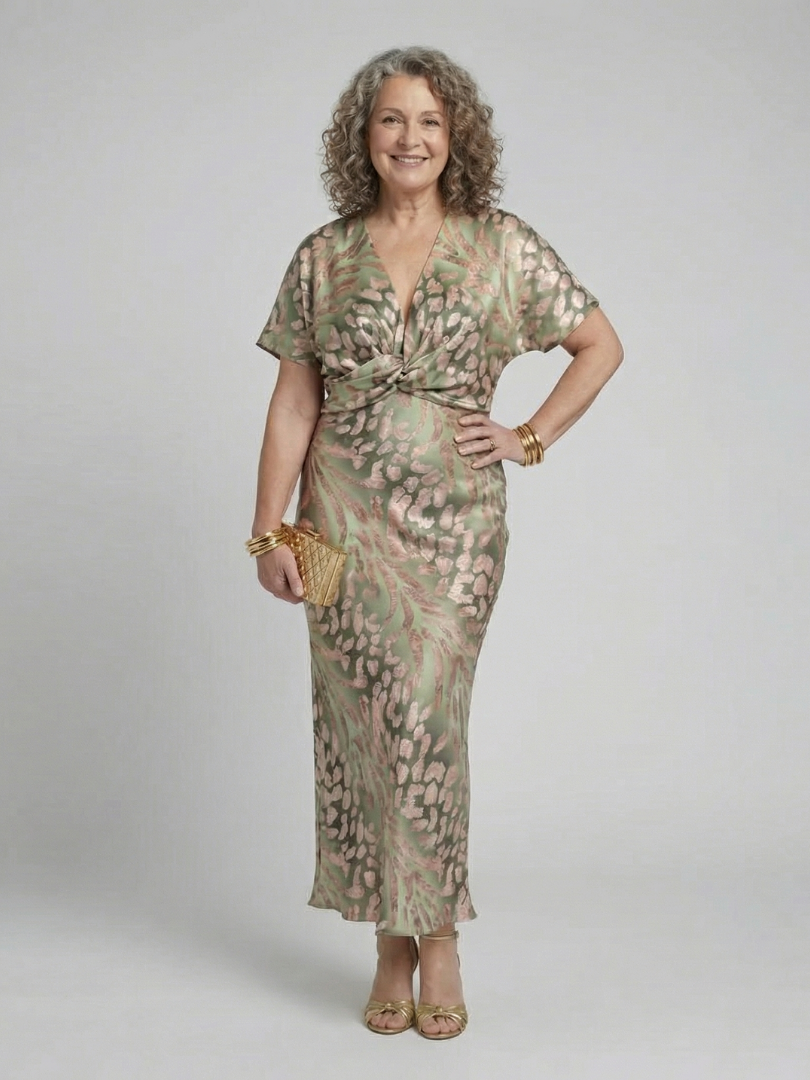 Ellis & Johnson™ | Abstract Print V Neck Twist Waist Midi Dress