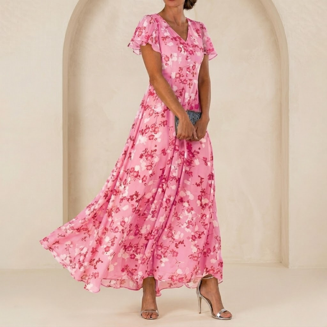 Léonie | Fluid Maxi Dress with Wrap Neckline and Sheer Sleeves