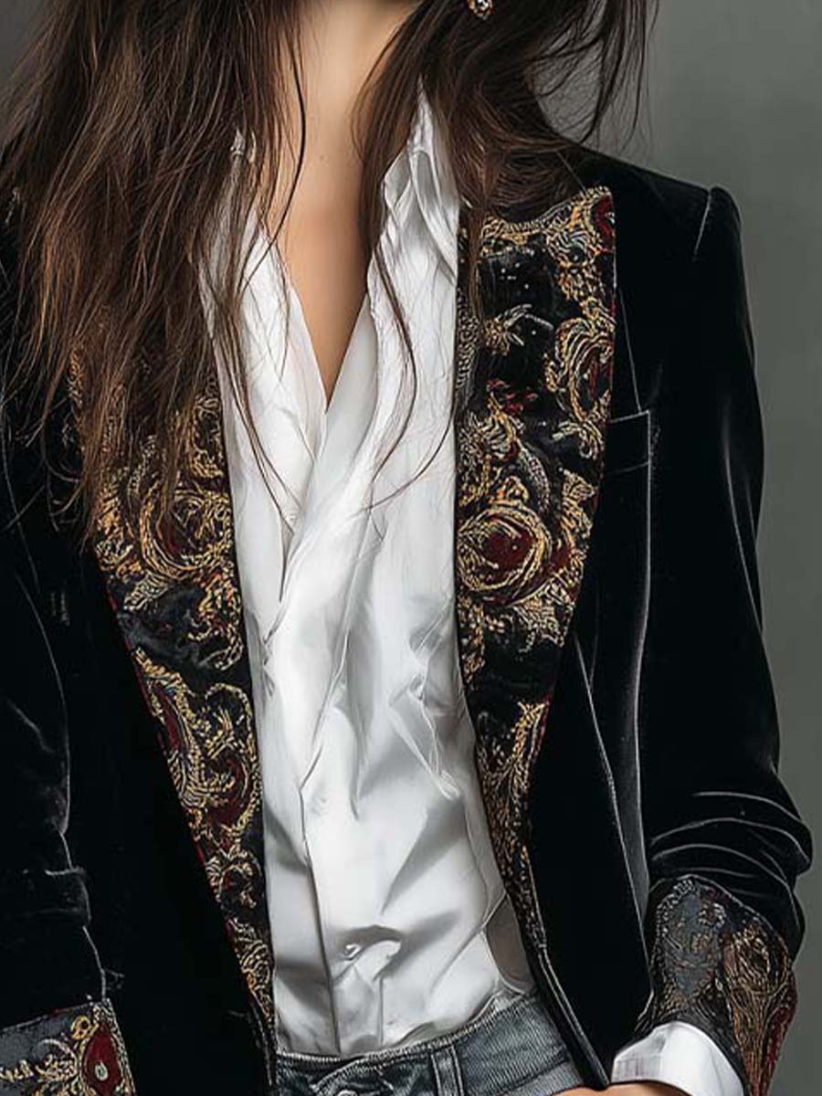 Slim Fit Black Women's Blazer with Lapels and Baroque Print