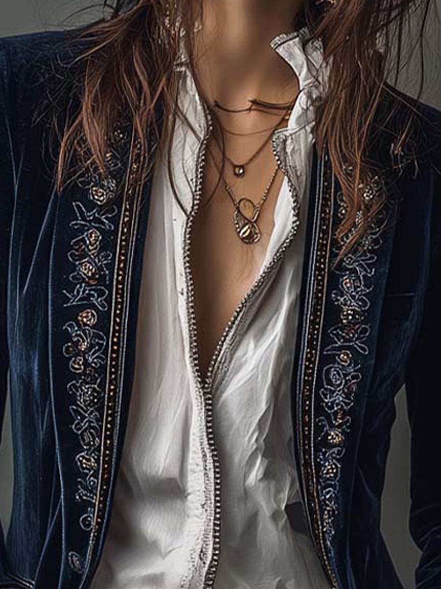 Vintage Navy Blue Embroidered Long Women's Jacket