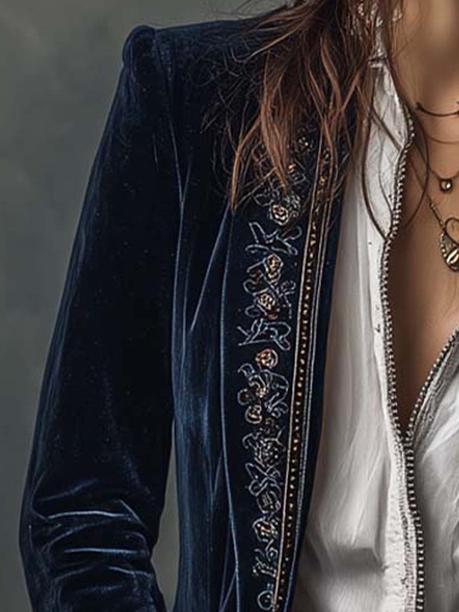 Vintage Navy Blue Embroidered Long Women's Jacket