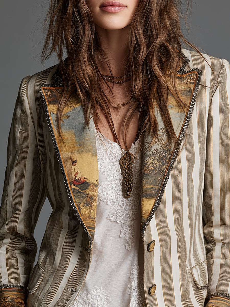 Women's Blazer with Lapels and Bohemian Stripe Print