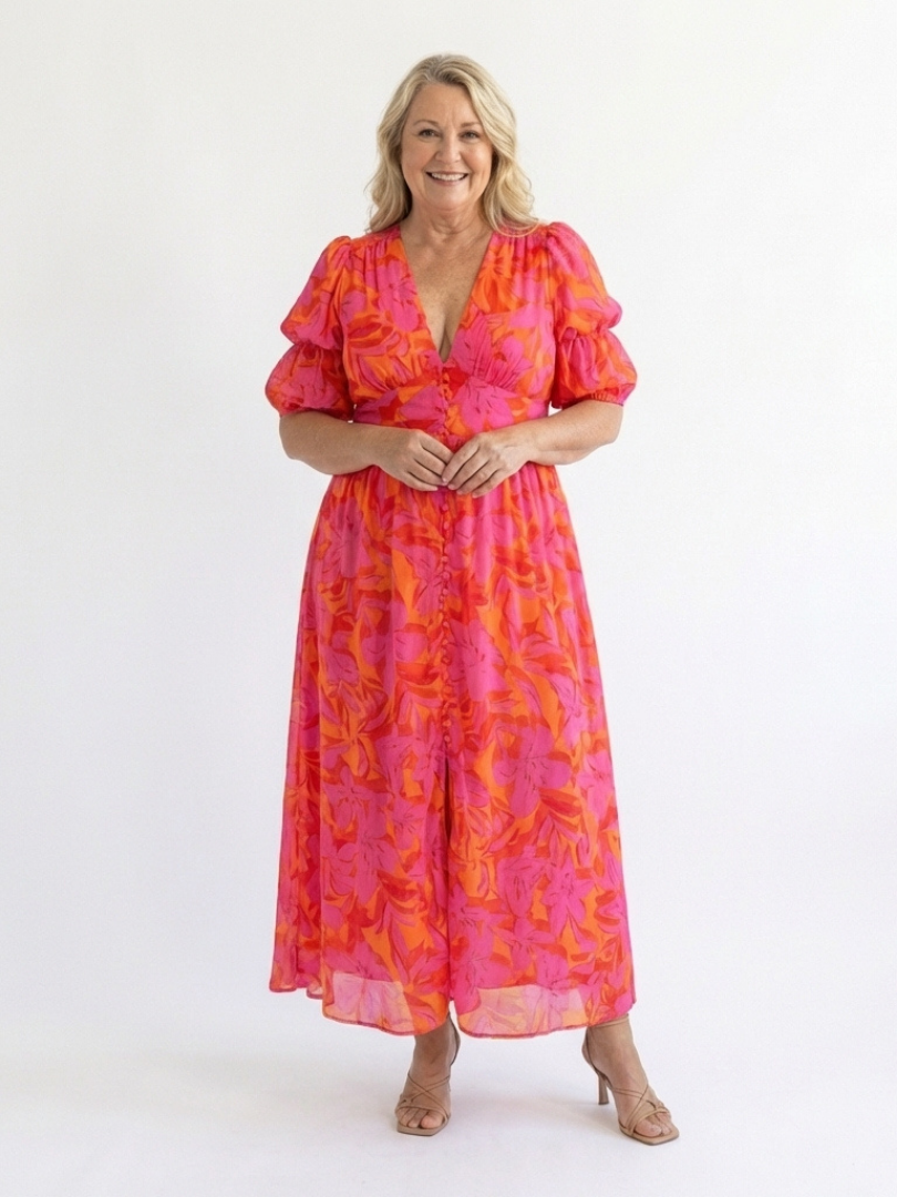 Ellis & Johnson™ | Floral V Neck Puff Sleeve Midi Dress