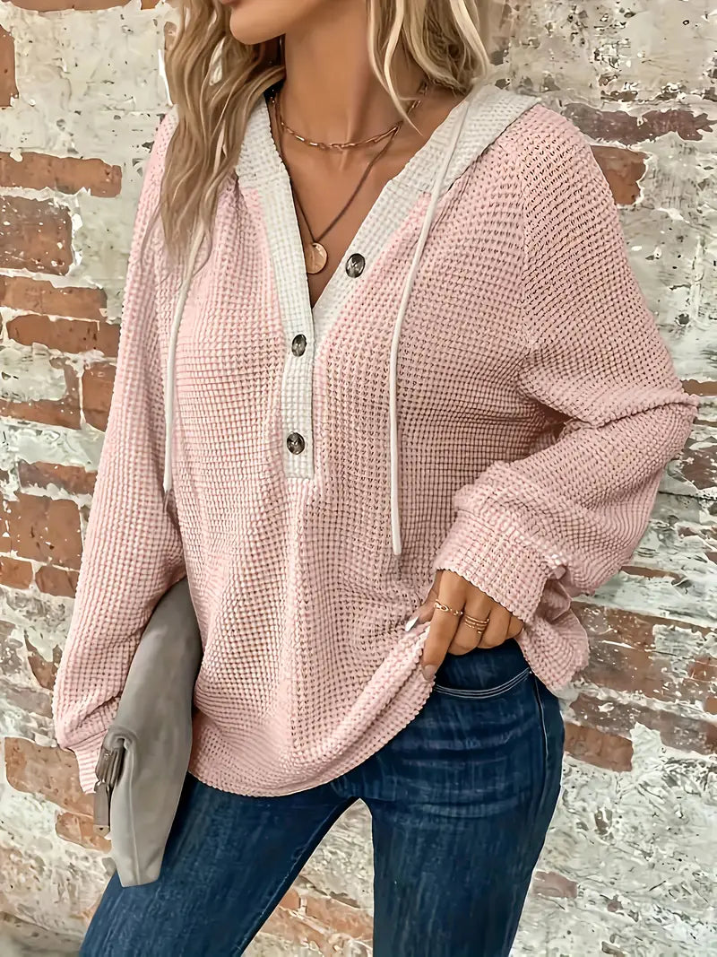 Long Sleeve Hoodie with Button Closure and Drawstring