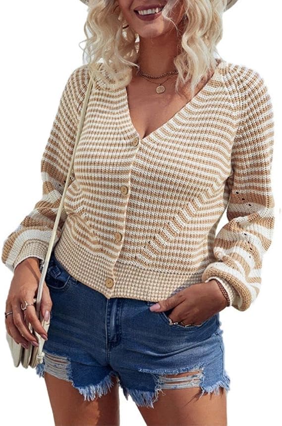 Knitted Cardigan with V-Neck, Button Closure, and Long Sleeves for Women