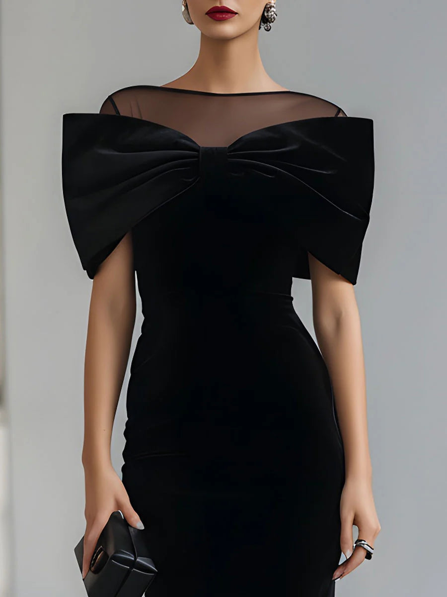 Regina β Black Velvet Midi Dress with Dramatic Bow