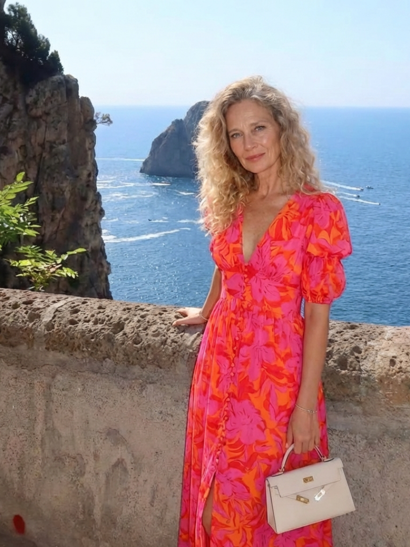 Ellis & Johnson™ | Floral V Neck Puff Sleeve Midi Dress