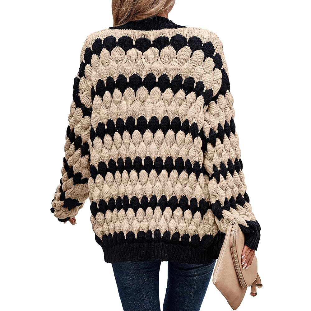 Women's Cardigan with Lantern Sleeves, Open Front, and Striped Colors