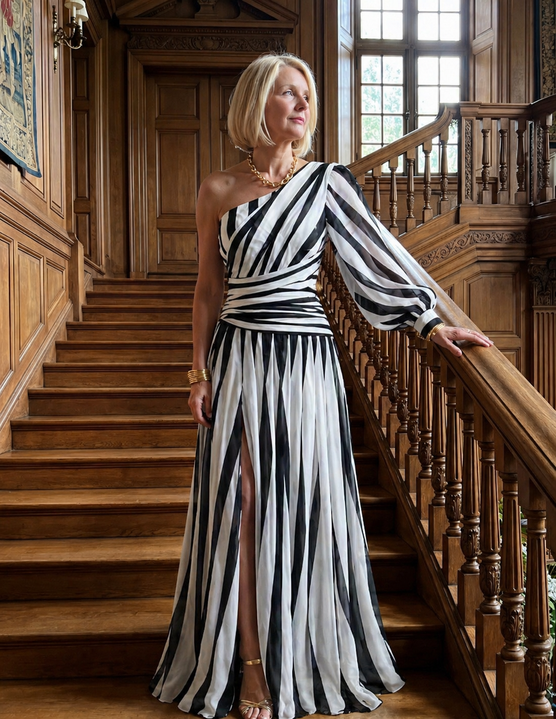 Ellis & Johnson™ | Elegant Striped Maxi Dress with One Shoulder