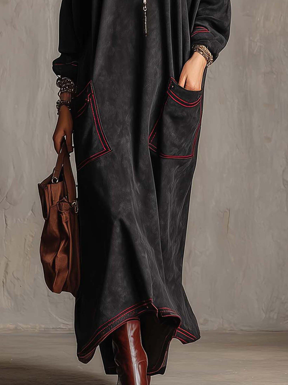 ESTELA | Black Dress with Red Stitching