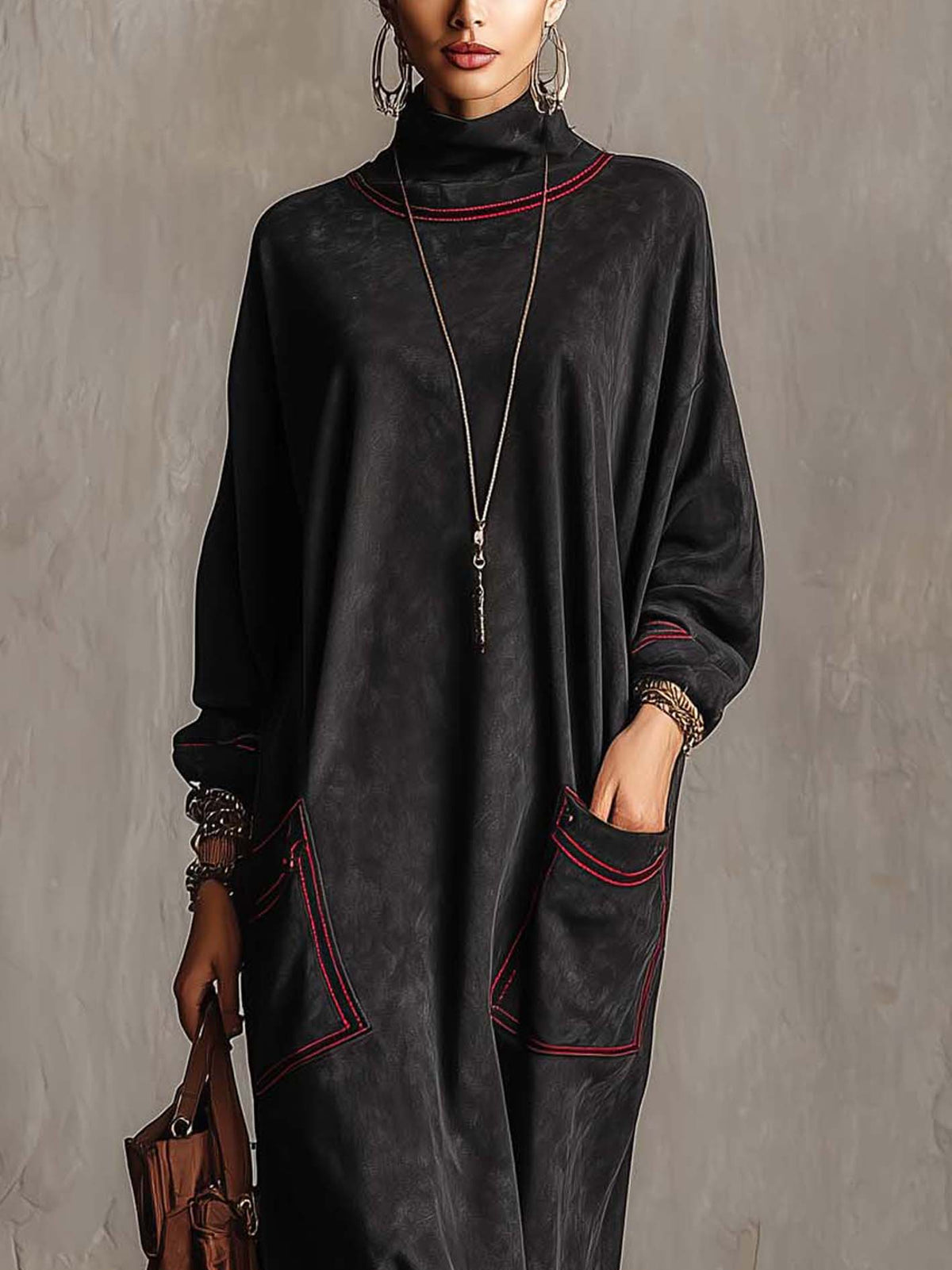 ESTELA | Black Dress with Red Stitching