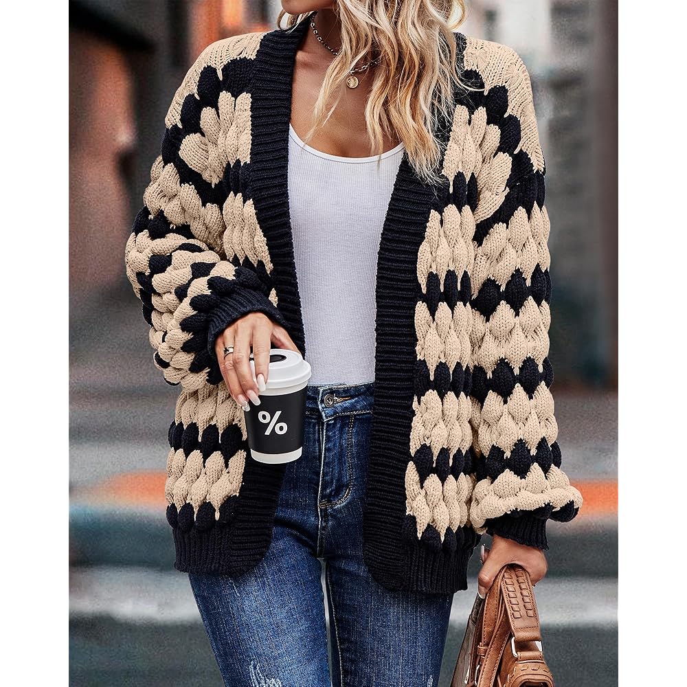Women's Cardigan with Lantern Sleeves, Open Front, and Striped Colors