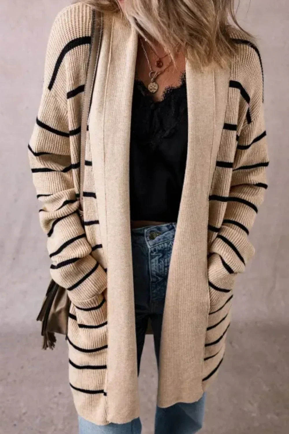 Striped Open Cardigan with Long Sleeves