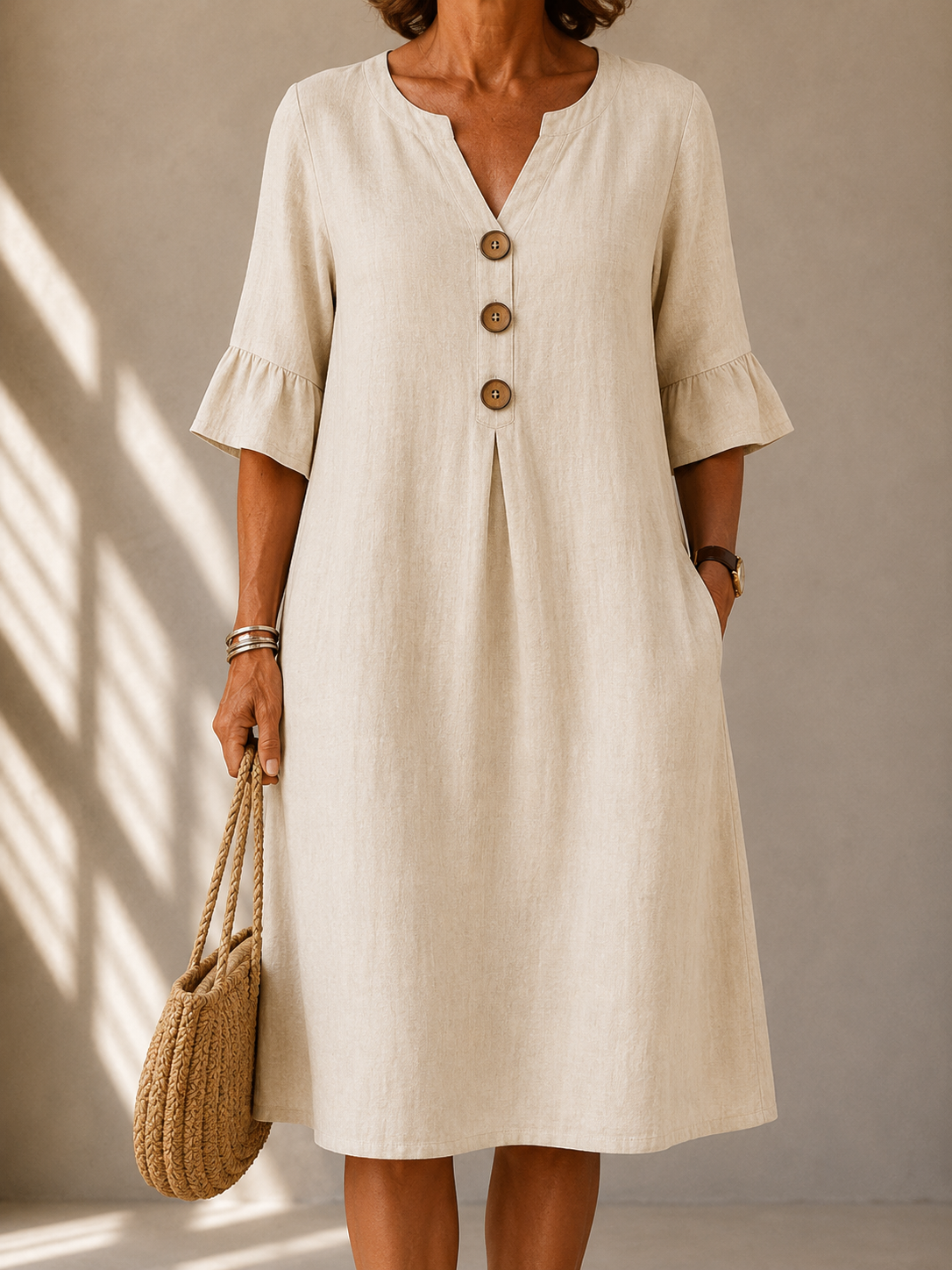 Maya | Buttoned Midi Dress with Pleated Front
