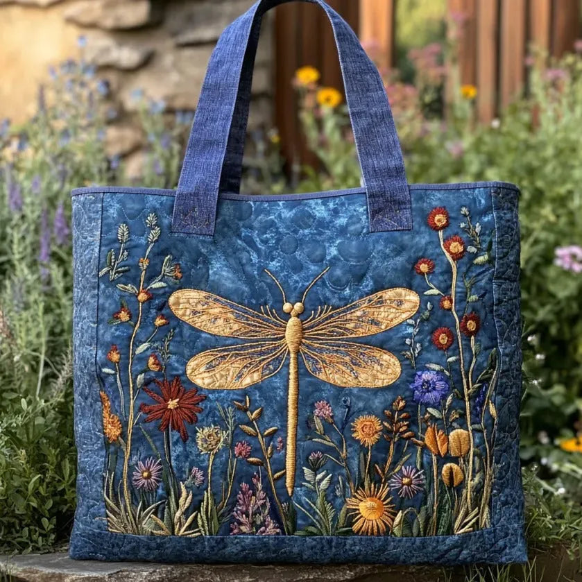 Quilted Tote Bag - Golden Dragonfly