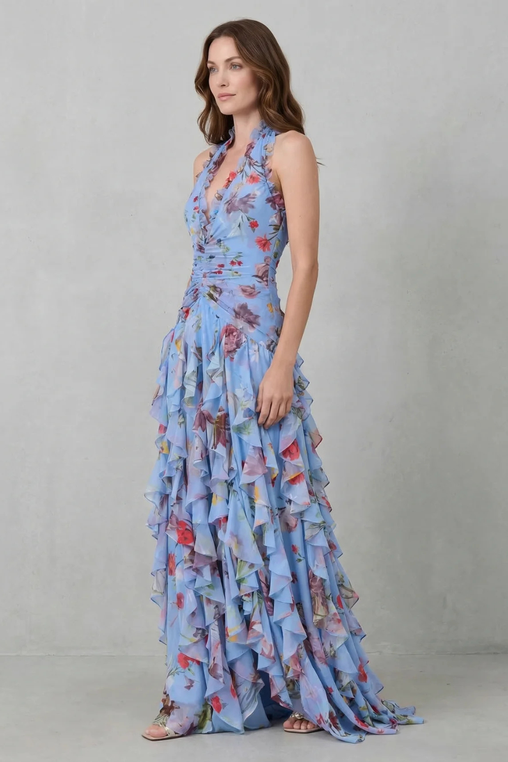 Belladina | Romantic Cascading Rose Long Dress with American Neckline