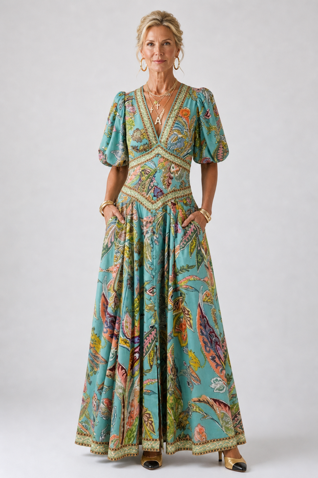 Ellis & Johnson™ | Airy maxi dress with puff sleeves and V-neck