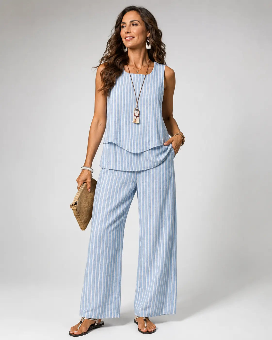 Nicolasaâ„¢ | Blue Striped Top and Wide Leg Pants Set