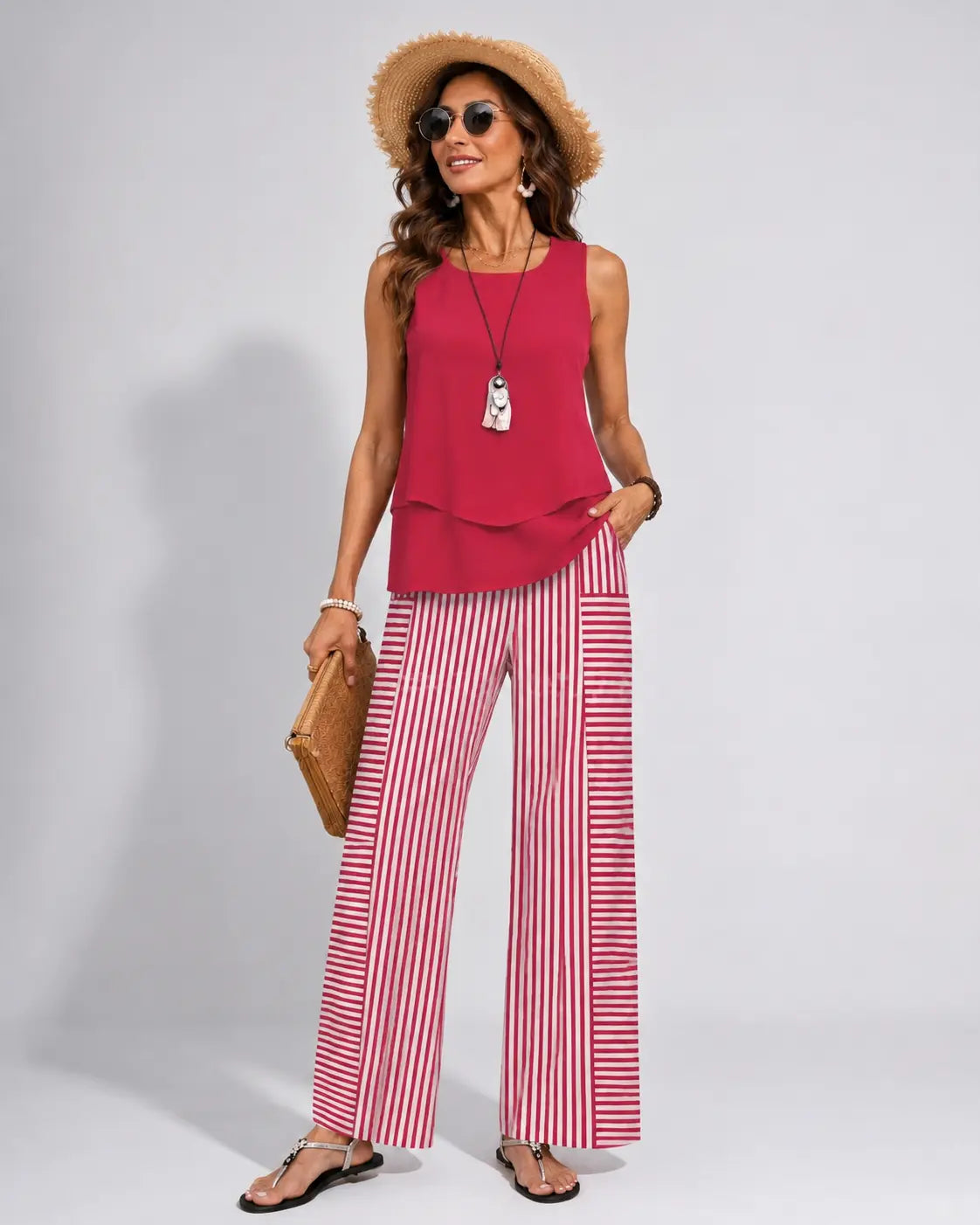 Ramonaâ„¢ | Pink Set with Solid Top and Striped Pants