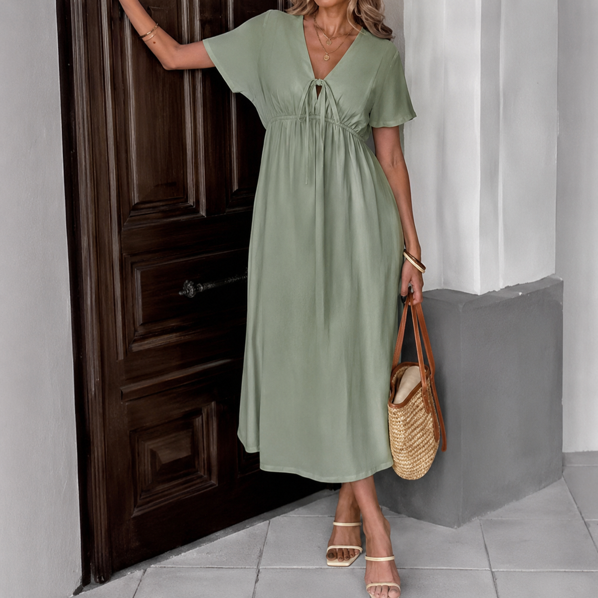 Louise | Long Flowing Dress with Tied V-Neck