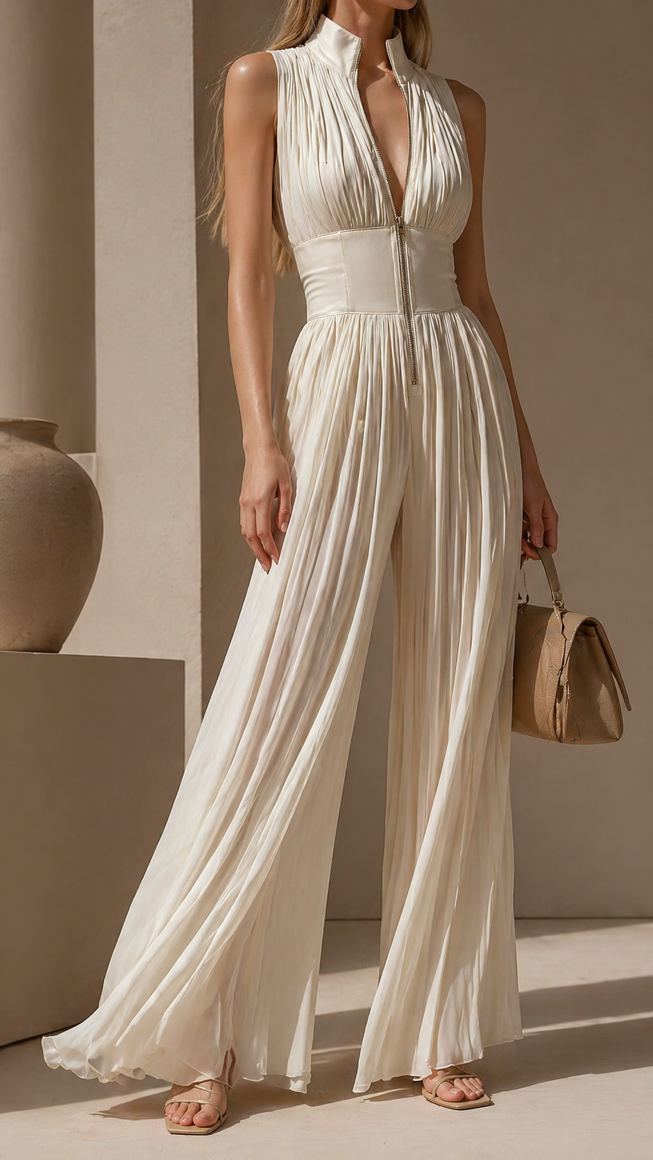 Greta | Pleated Jumpsuit with Deep Neckline