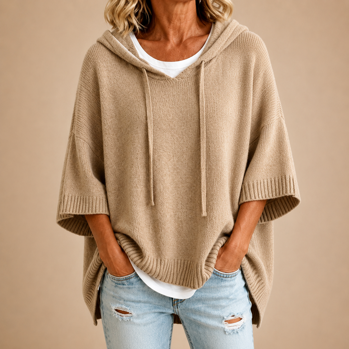Knit Poncho with Hood in Khaki