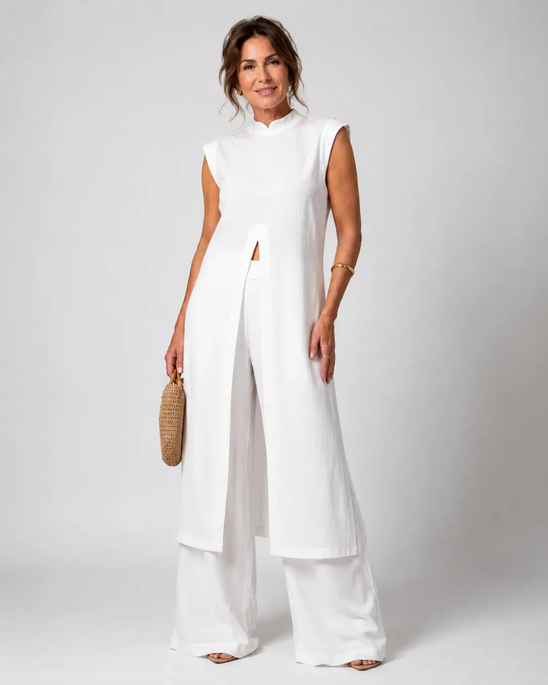 Benignaâ„¢ | White Ruffled Tunic Set and Pants