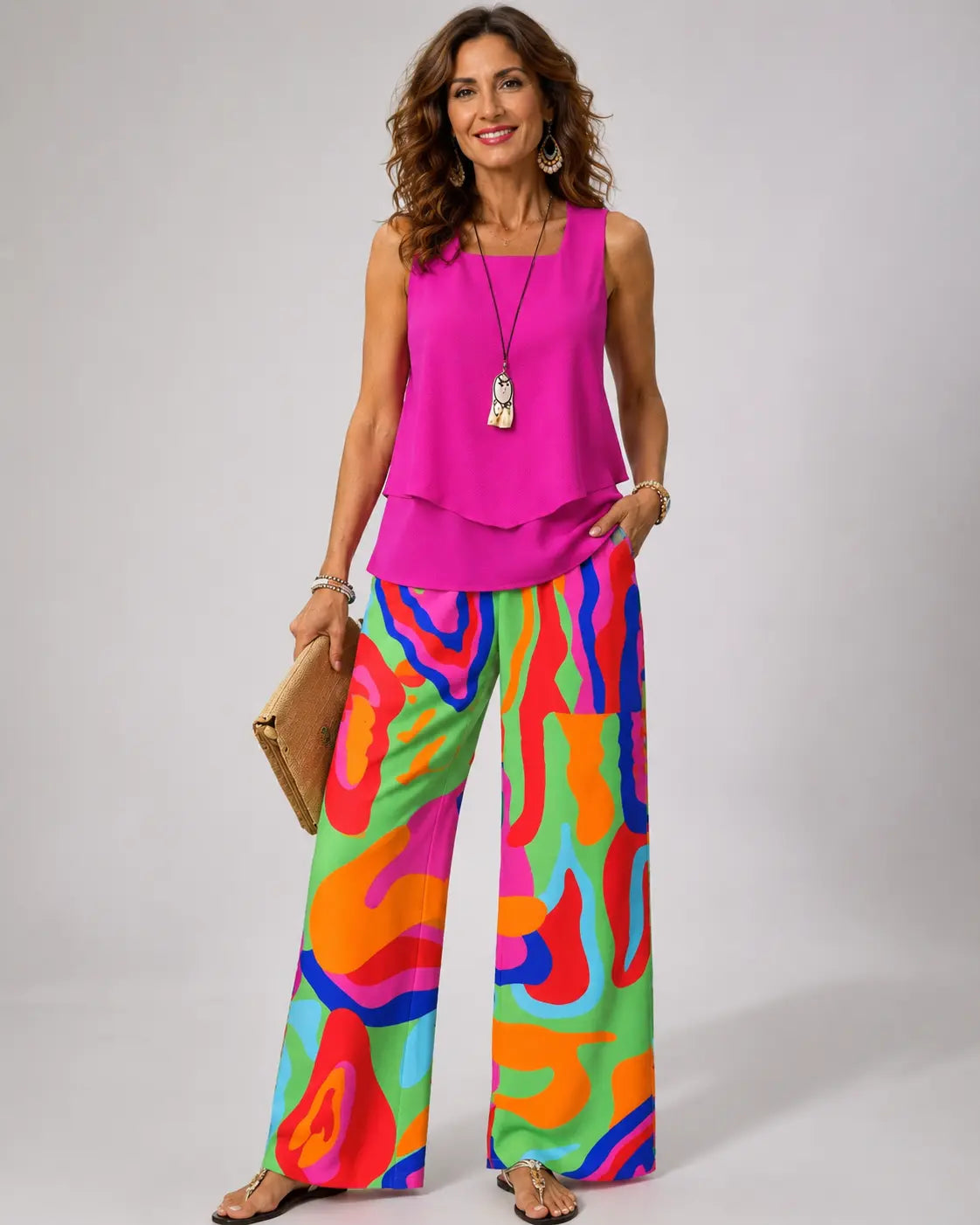 Clotildeâ„¢ | Pink Top and Abstract Pants Set