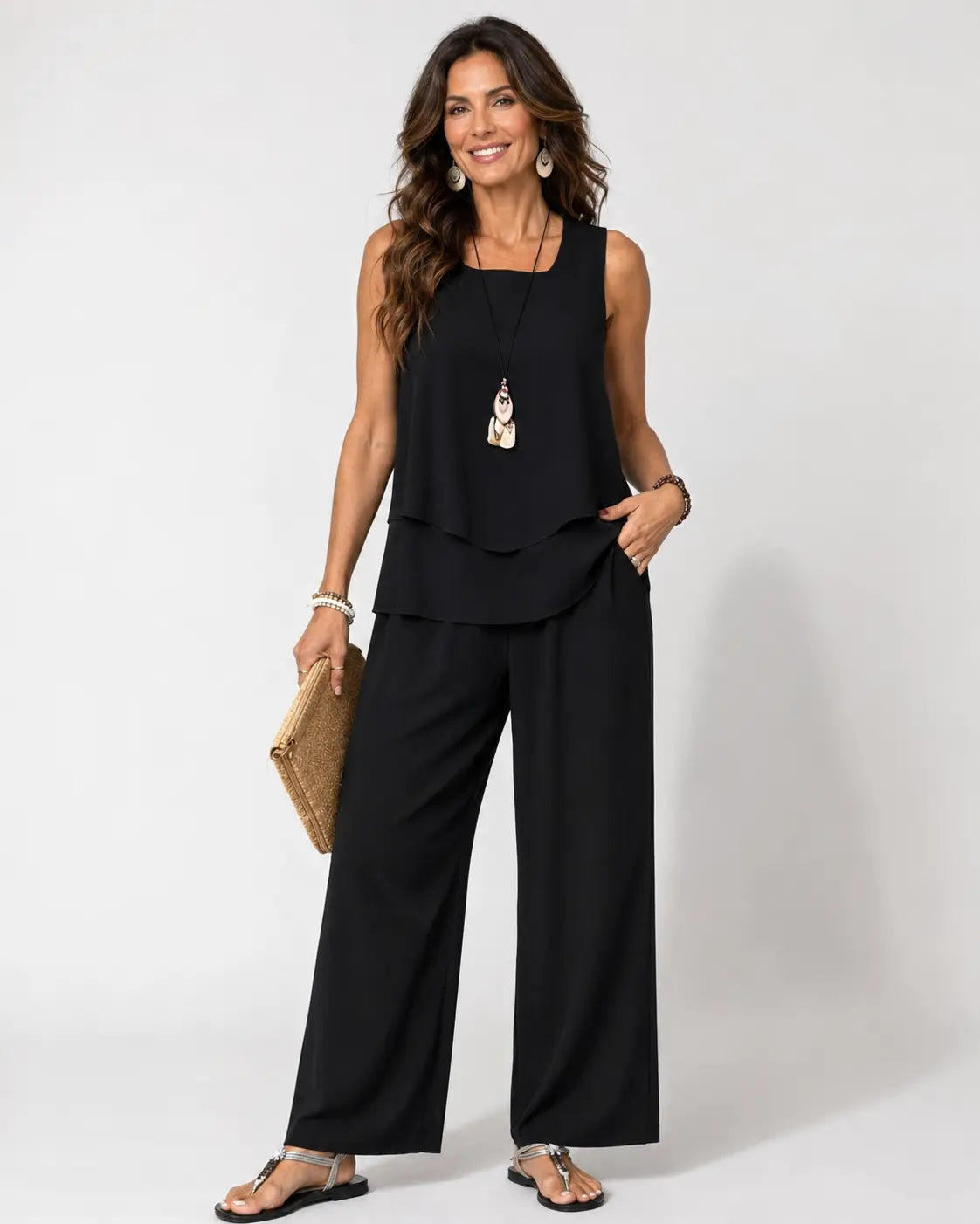 EloÃsaâ„¢ | Black Layered Top and Wide Leg Pants Set