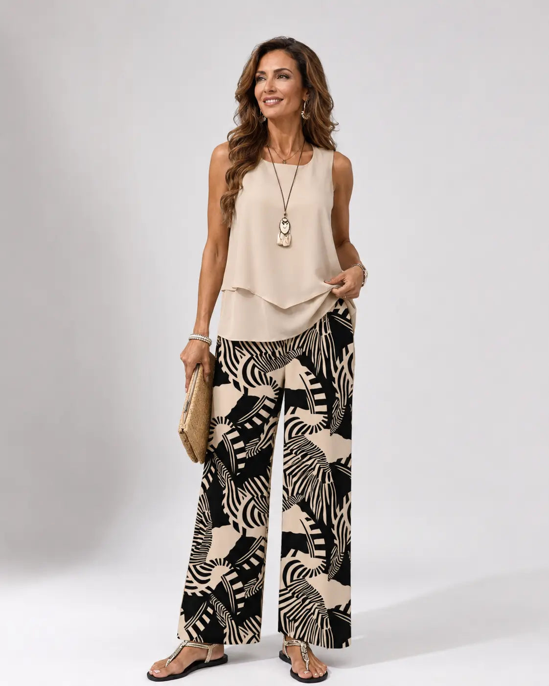 Ignaciaâ„¢ | Beige Blouse and Botanical Pants Set