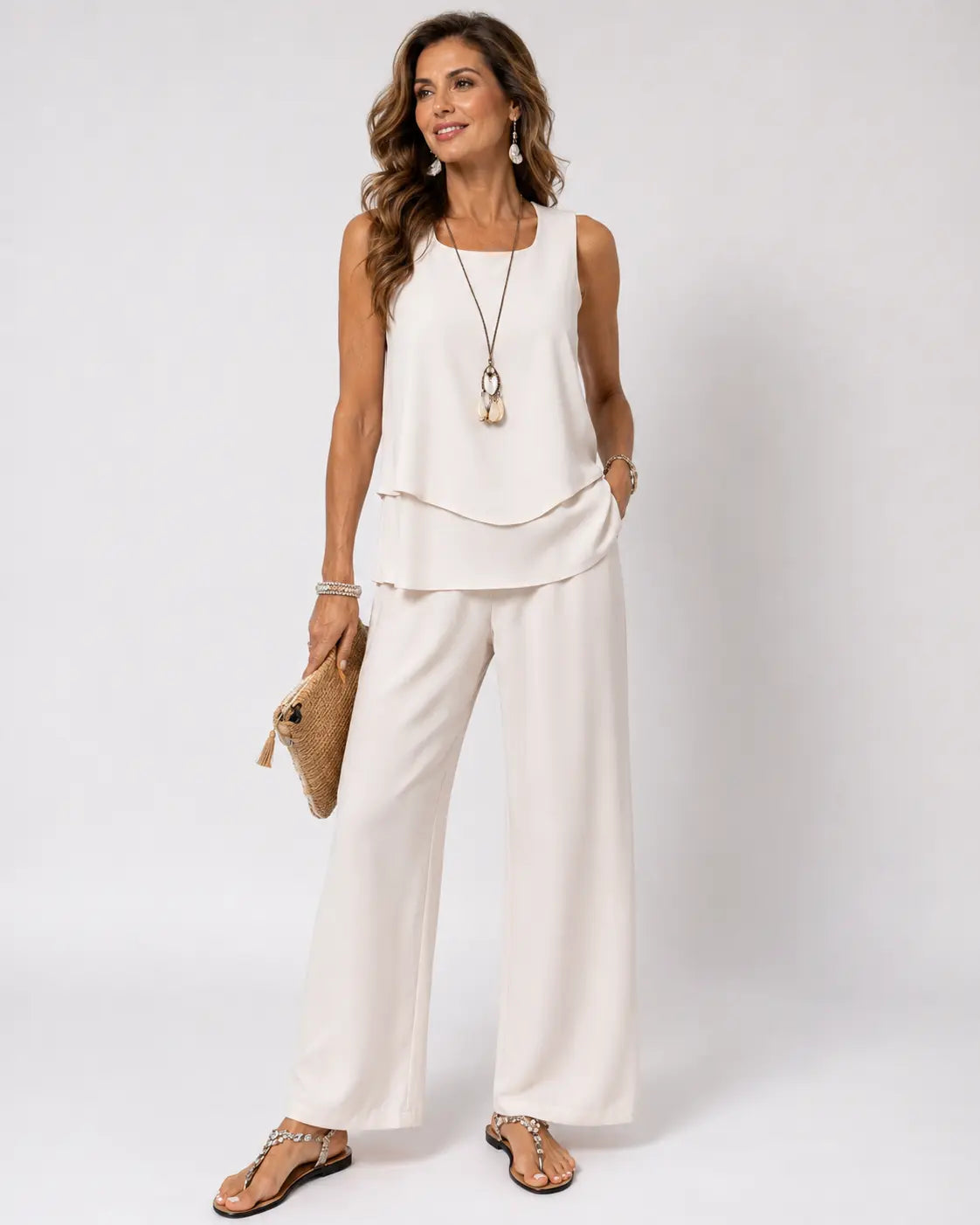 Leandraâ„¢ | Cream Satin Finish Layered Top and Pants Set