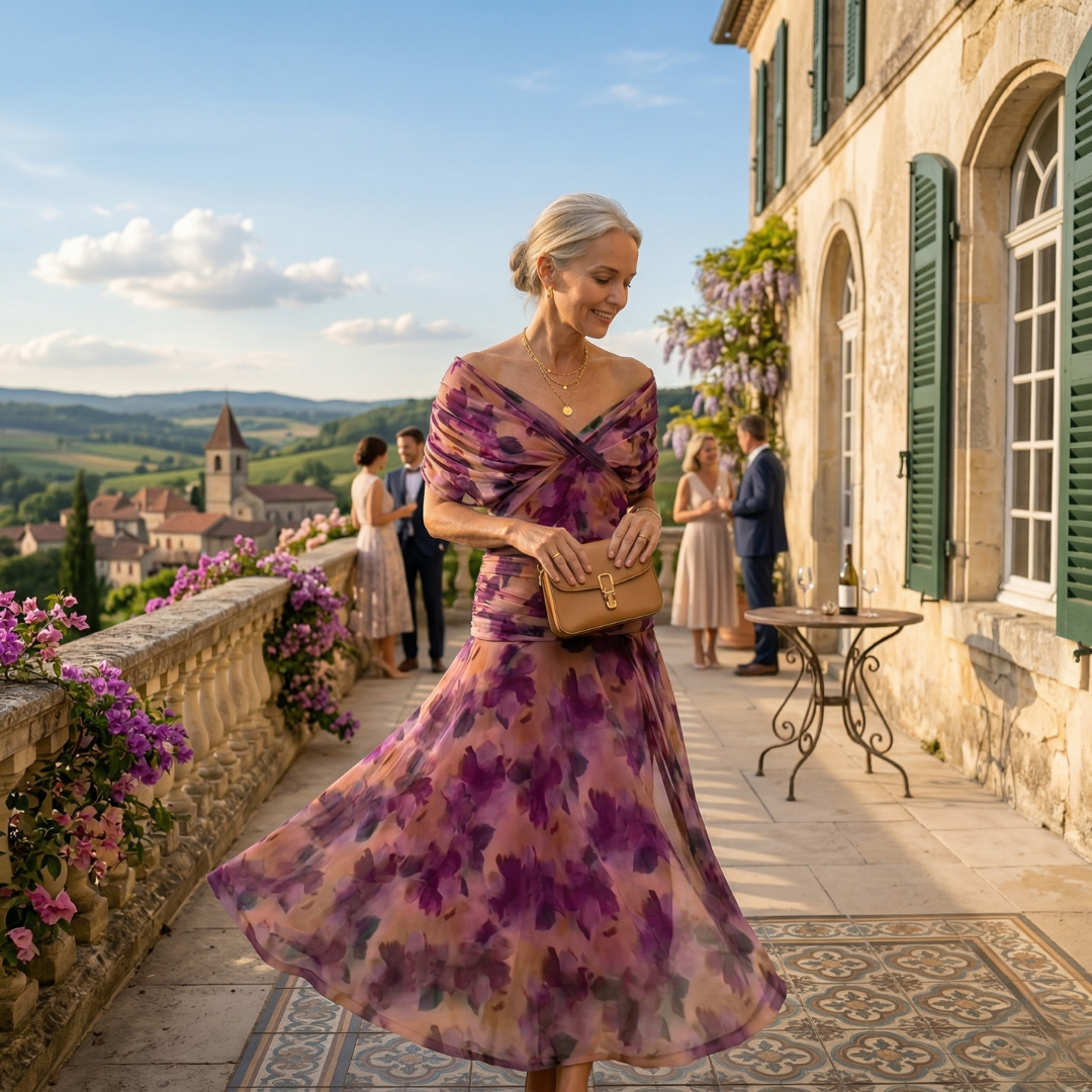 Diane | Maxi Draped Dress with V-Neck and Sheer Sleeves