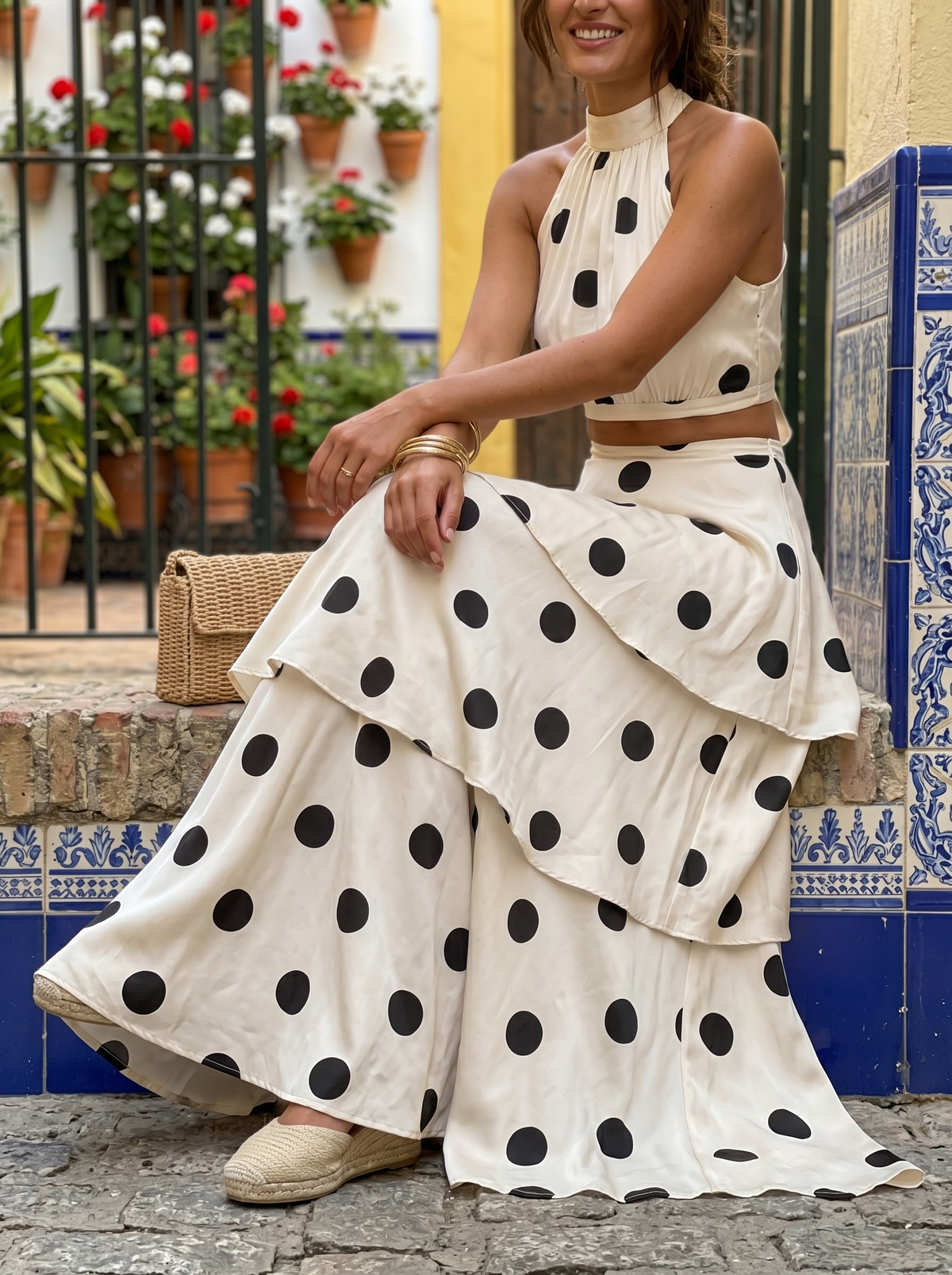Top and long skirt set with polka dots