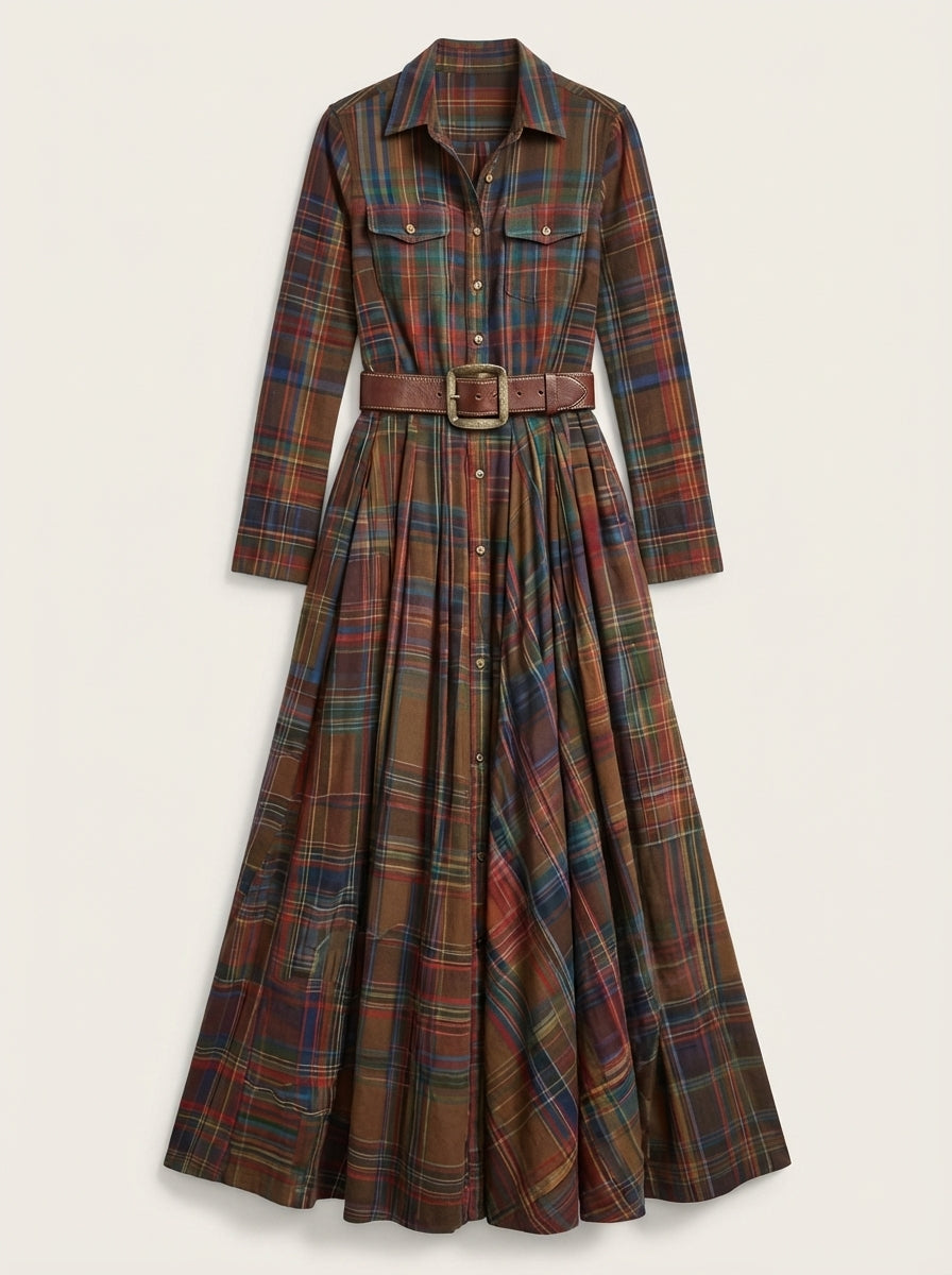 Beatriz - Long Checkered Dress with Belt