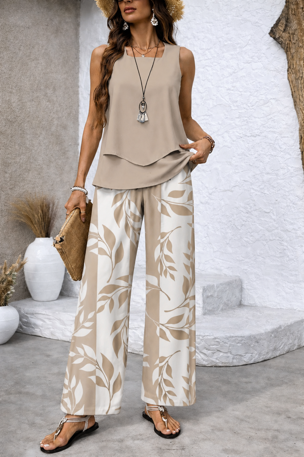 Ernestinaâ„¢ | Natural Set Beige Blouse and Botanical Pants