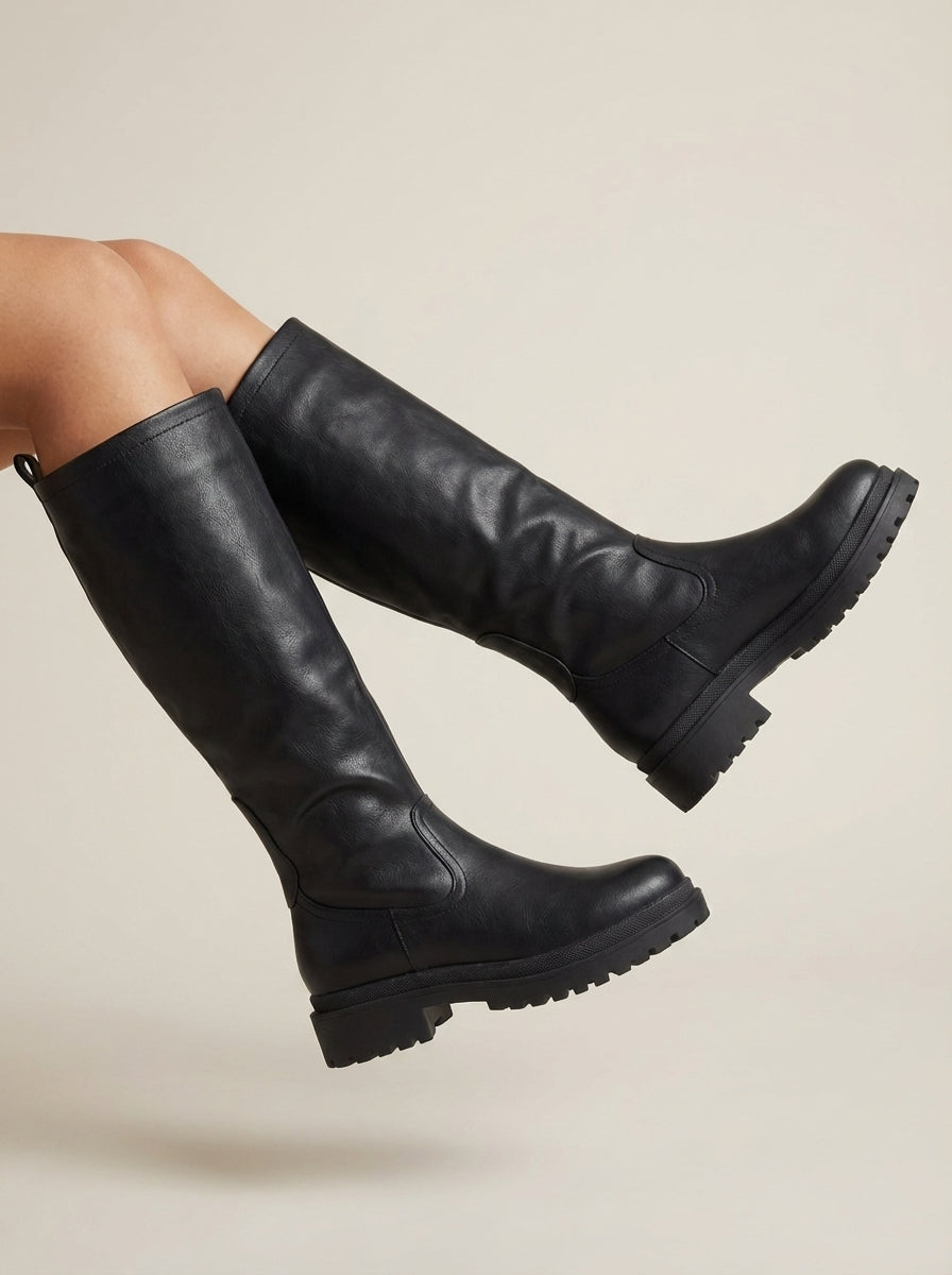 ANETTA | Black Knee-High Lug-Sole Boots – Wells & Rose