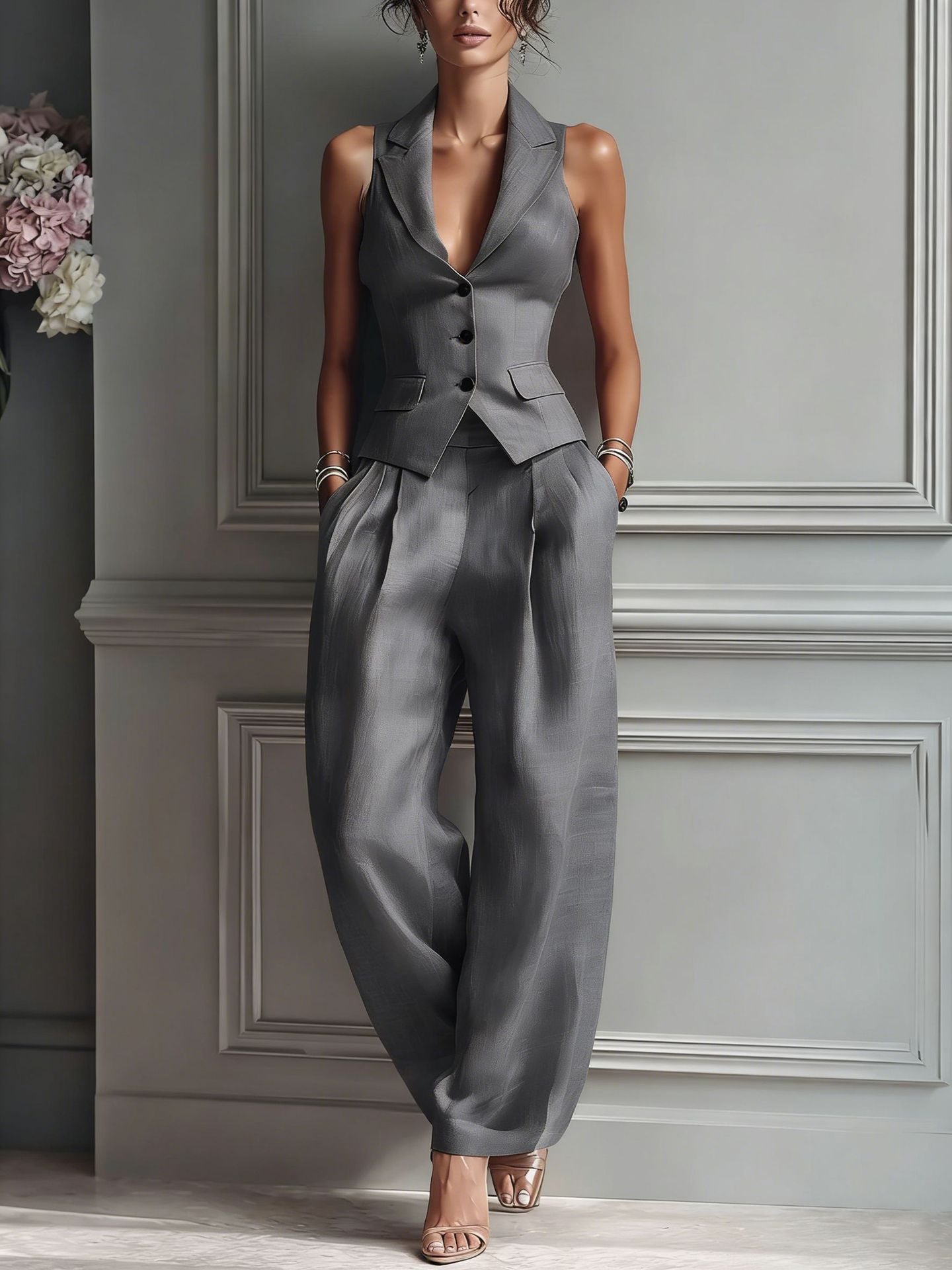 Women's Two-Piece Set with V-Neck and Buttons