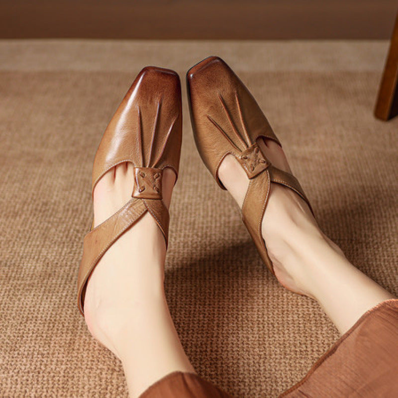 Olene | Genuine Leather Square Toe Mules