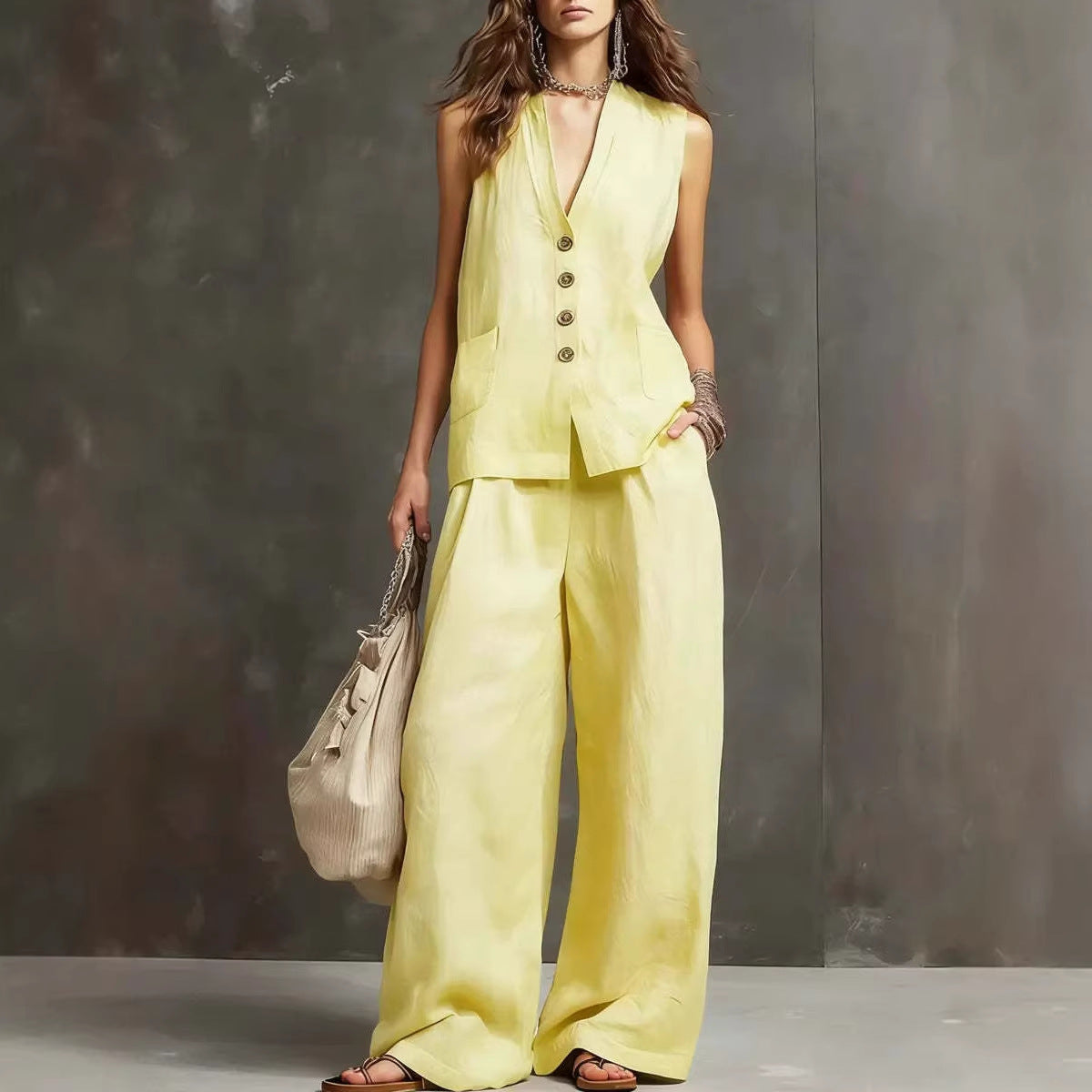 Two-Piece Set with Sleeveless Vest and Wide-Leg Pants