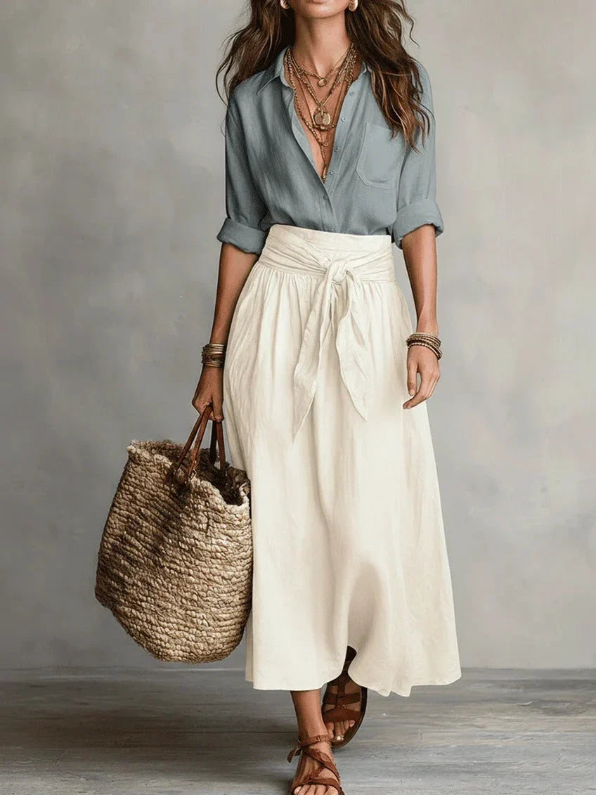Elegant Two-Piece Set with Black Blouse and Midi Skirt