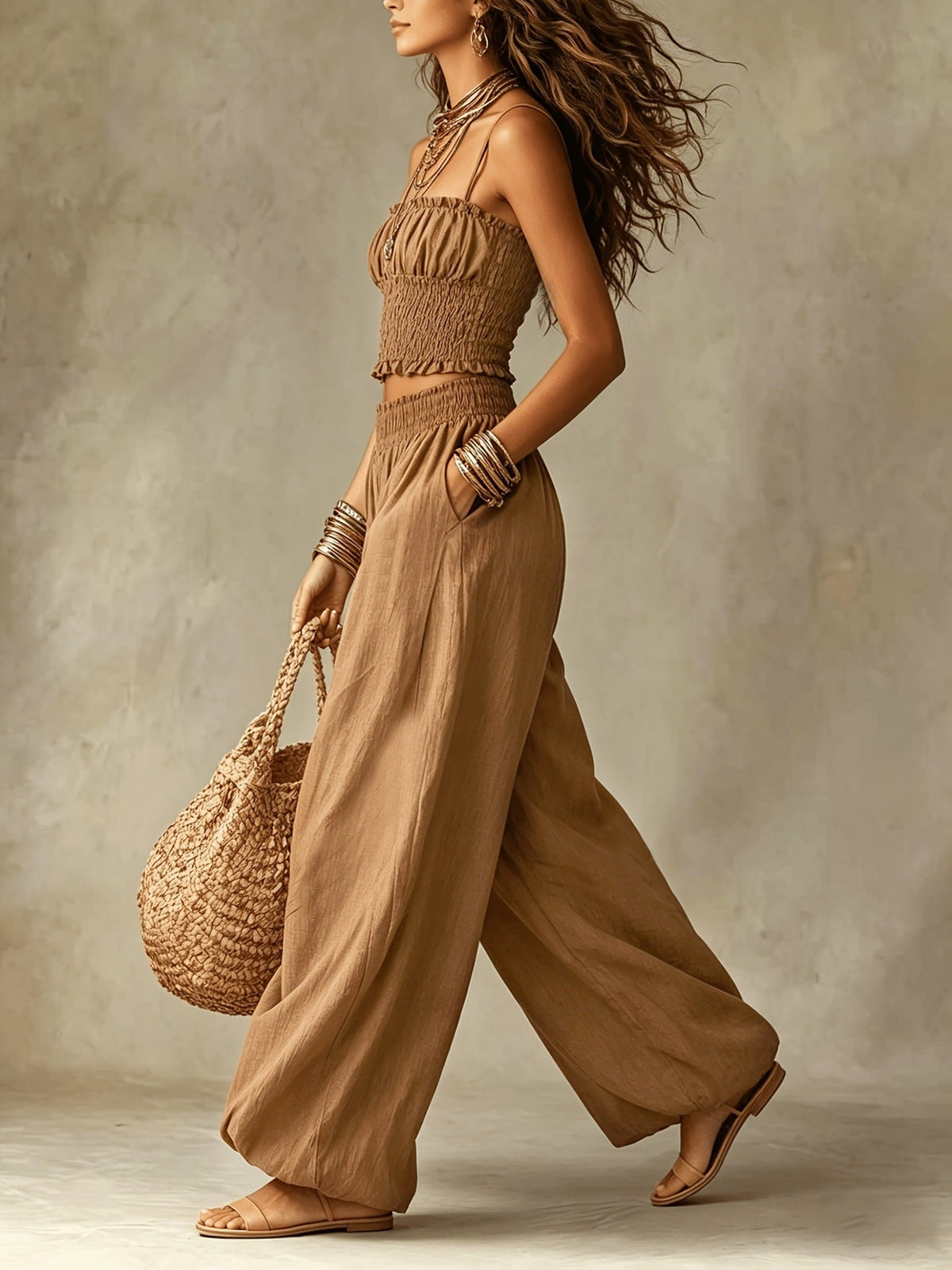 Women's Smocked Crop Top & Wide-Leg Pants Two-Piece Set