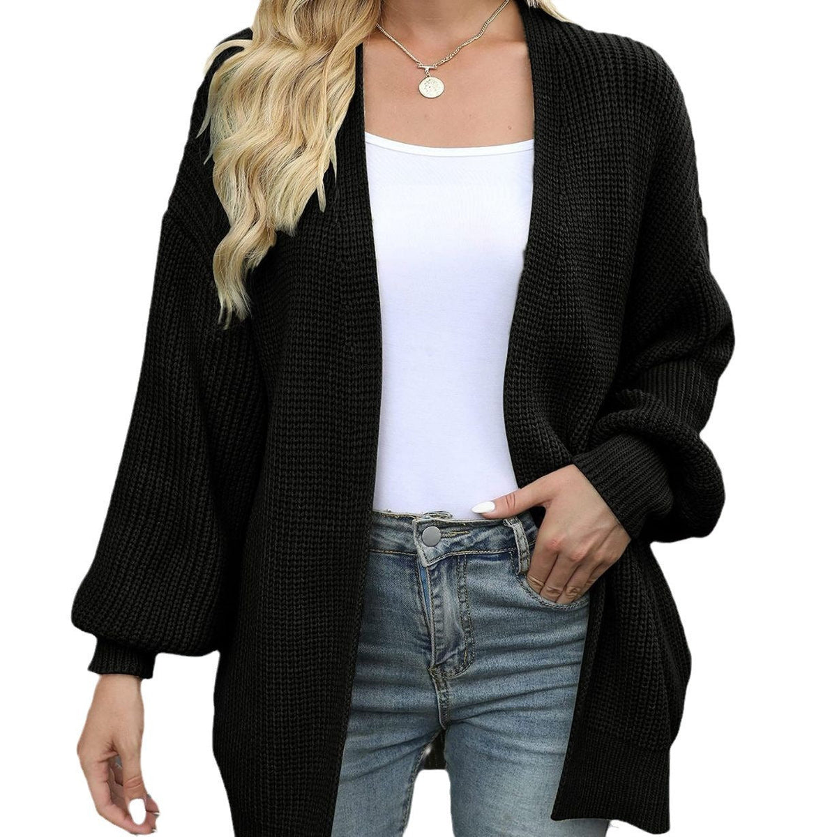 Knitted cardigan for women with long lantern sleeves