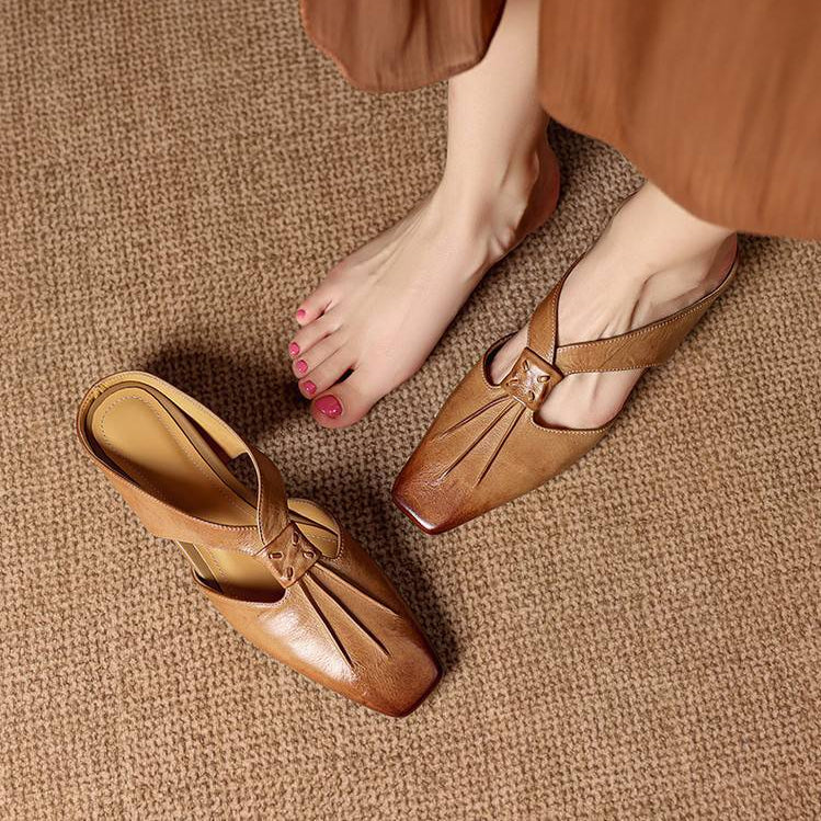 Olene | Genuine Leather Square Toe Mules