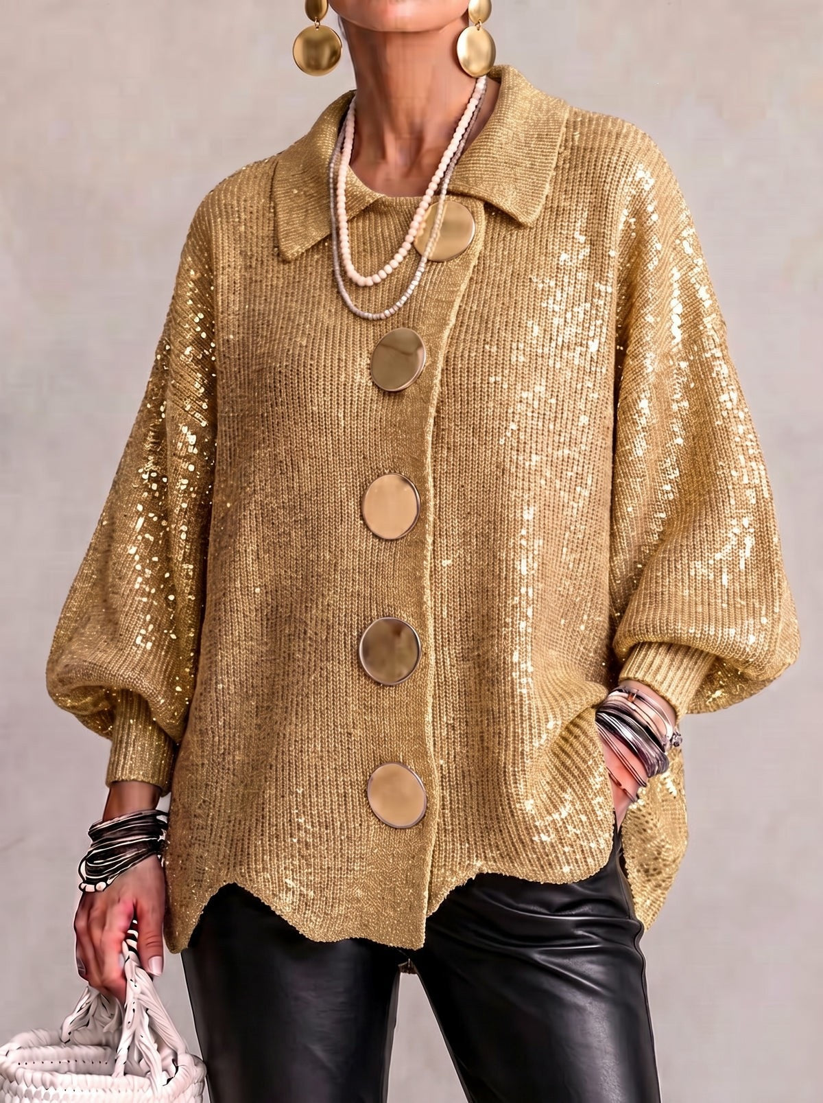 Ilona | Oversized cardigan with collar and large metal buttons