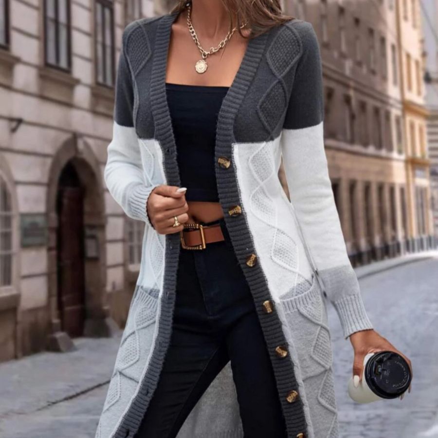 Cable Knit Longline V-Neck Cardigan with Colour Block