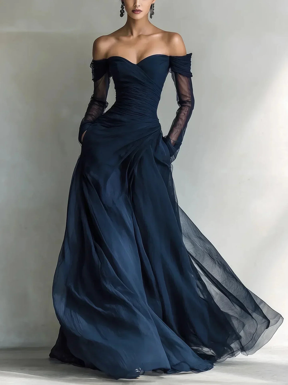 Beatrice | Off-Shoulder Sheer-Sleeve Maxi – Wells & Rose
