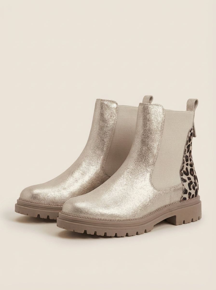 BRYNN | Gold Chelsea Boots with Leopard Heel – Wells & Rose