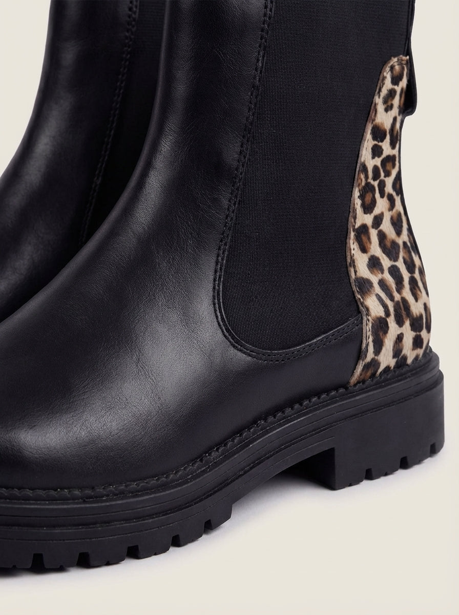 MAREN | Black Chelsea Boots with Leopard Heel – Wells & Rose