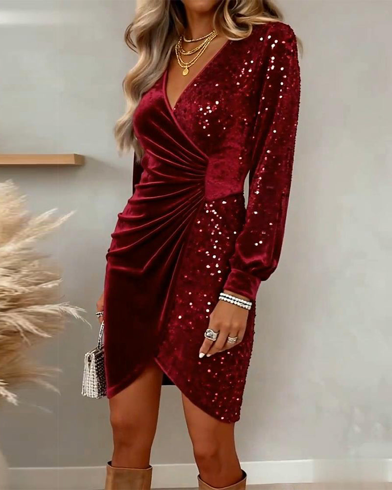 Shimmering V-Neck Wrap Midi Dress