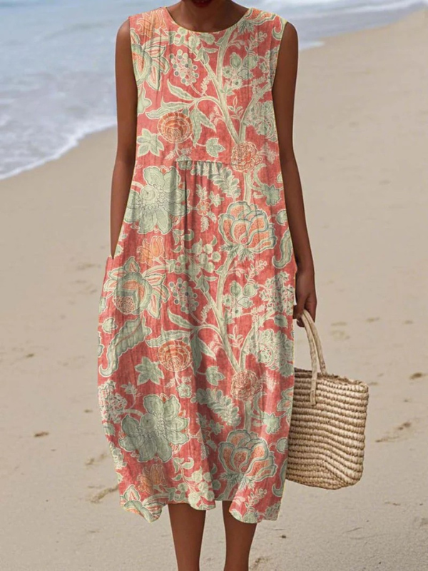 Zoe | Botanical Block Print Sleeveless Midi Dress